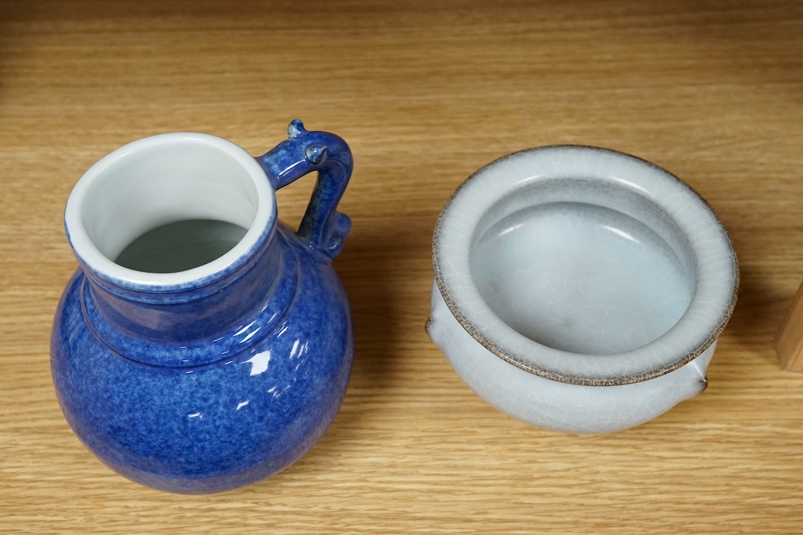 A Chinese crackle glaze tripod censer and powder blue jug, 14cm